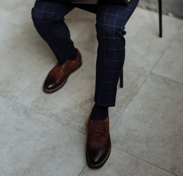 navy blue suit brown shoes