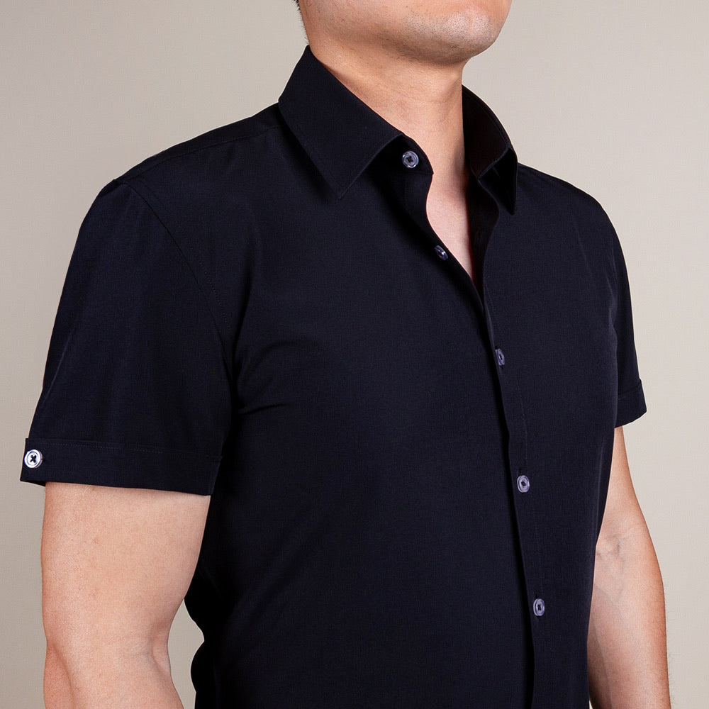 Black Button Up Short Sleeve Shirt | Slim Fit Collared for Men