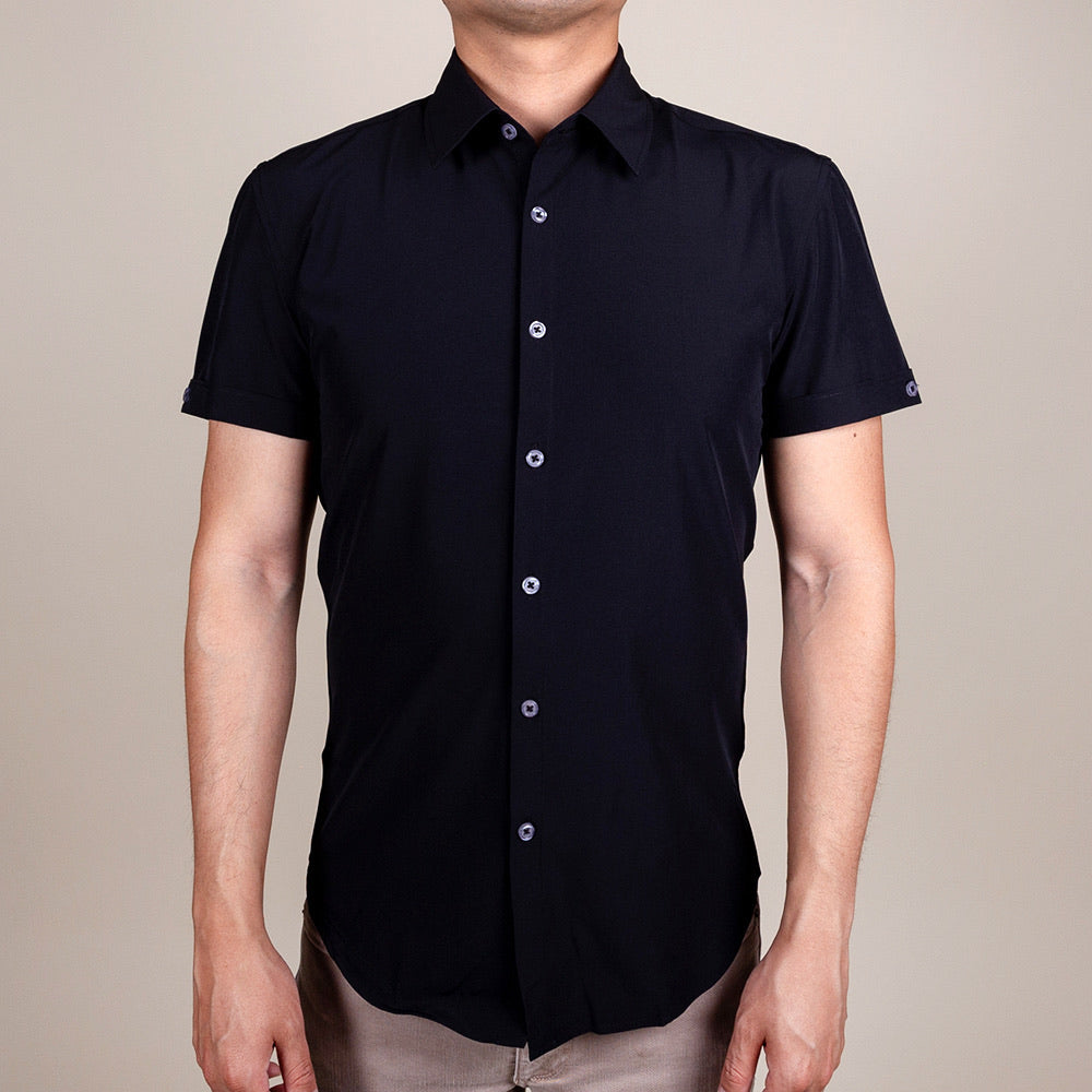 Black Button Up Short Sleeve Shirt | Slim Fit Collared for Men