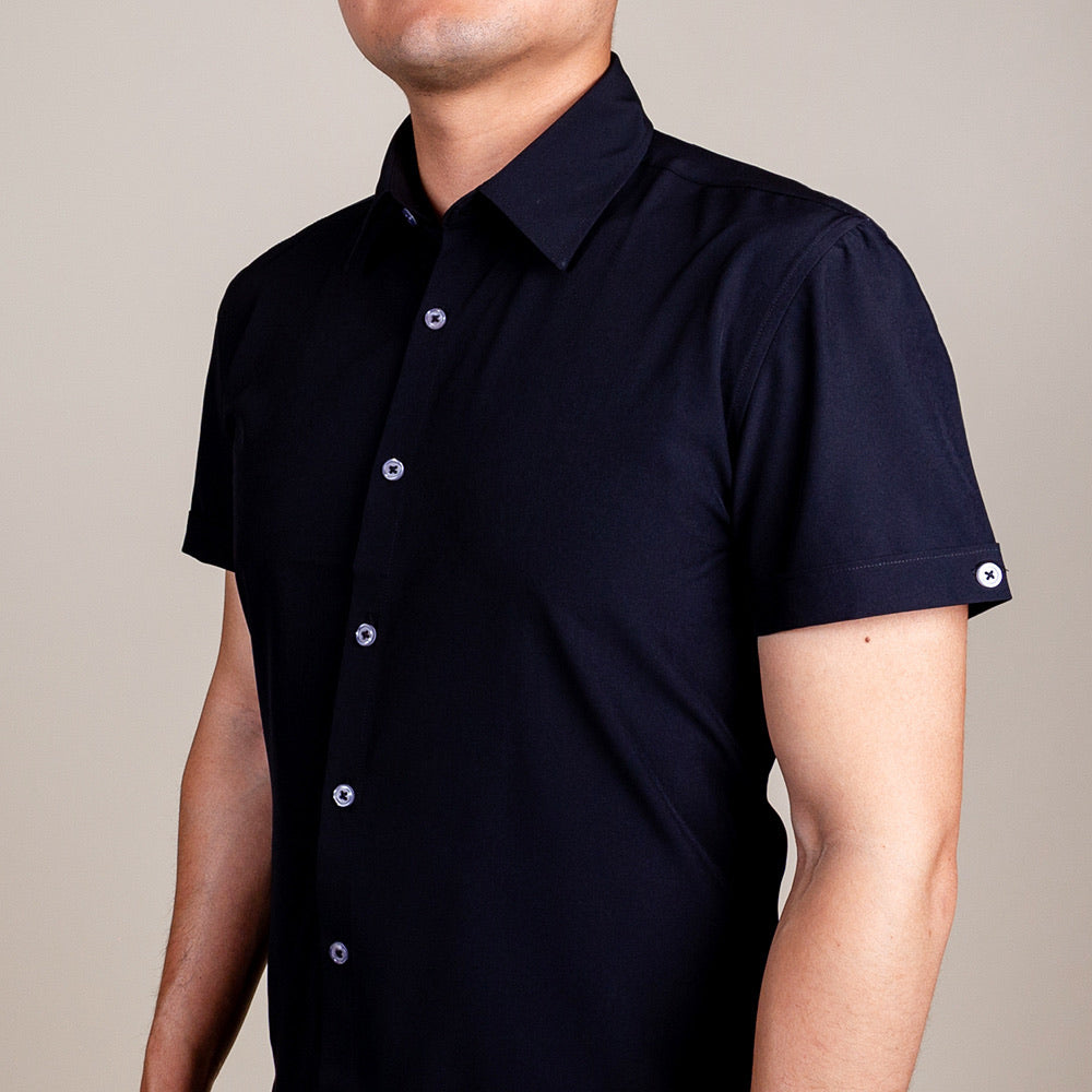 Black Button Up Short Sleeve Shirt | Slim Fit Collared for Men