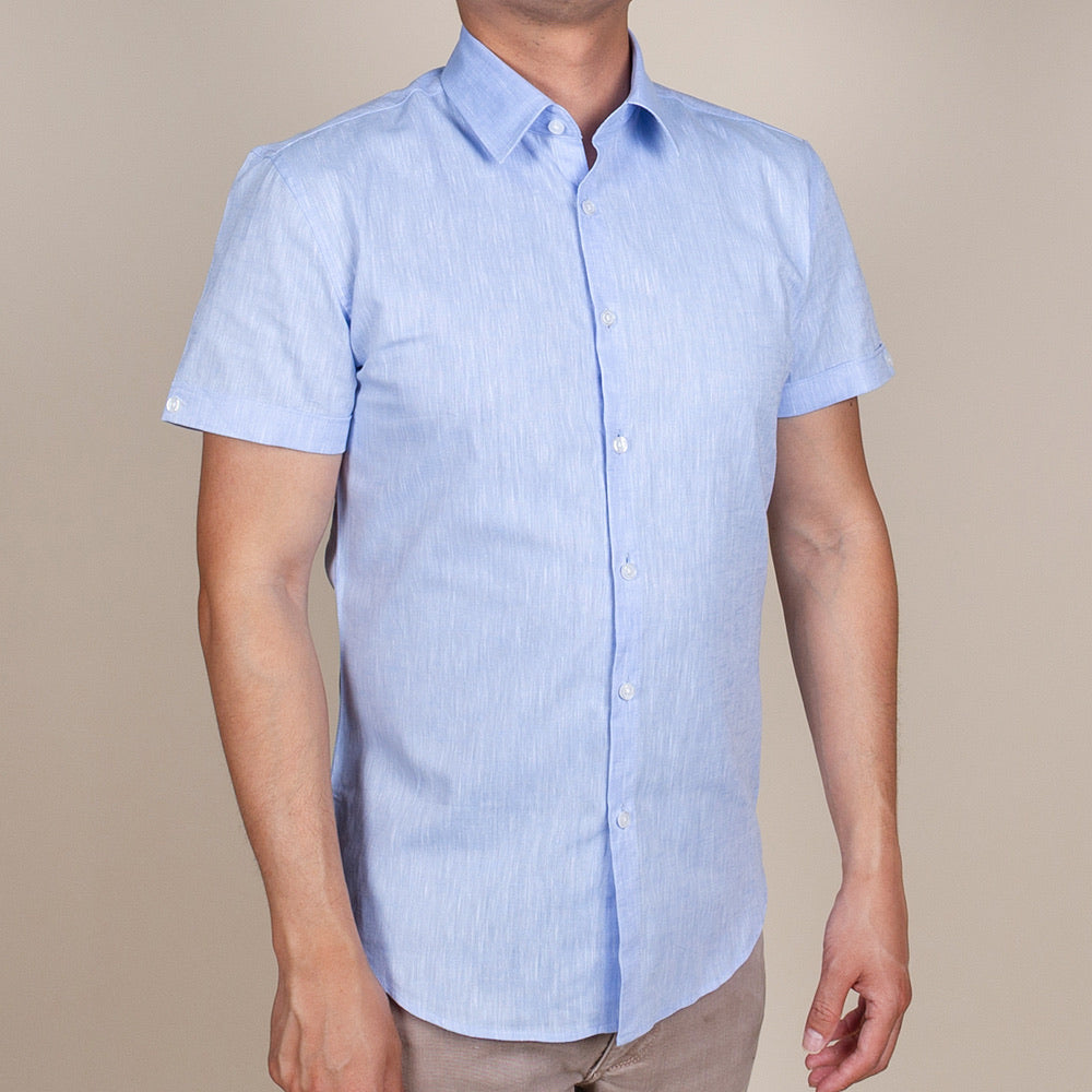 light blue linen collared button up shirt short sleeve