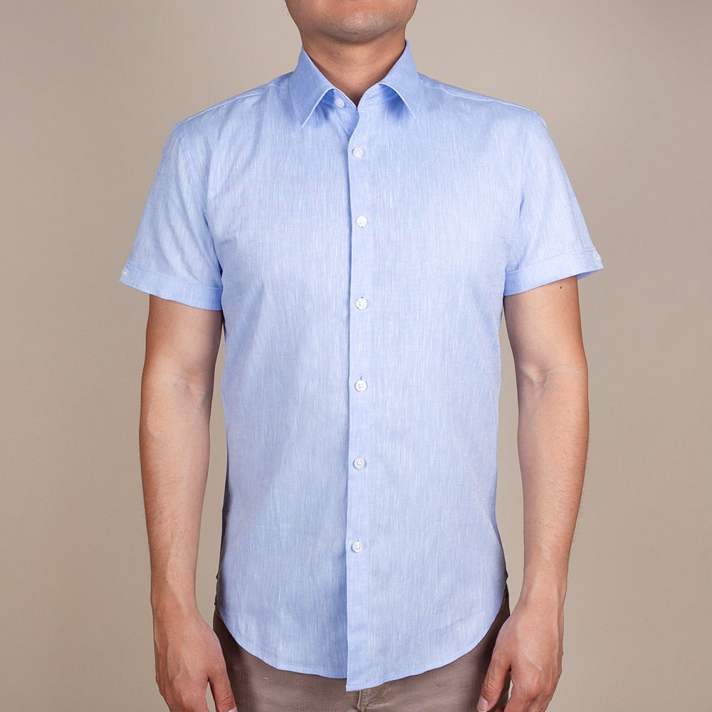 light blue linen collared button up shirt short sleeve