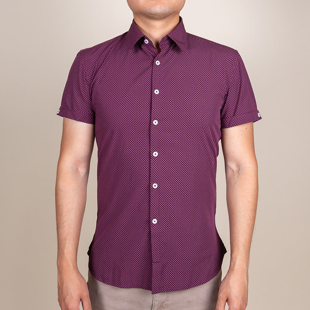 maroon button up collared shirt short sleeve 