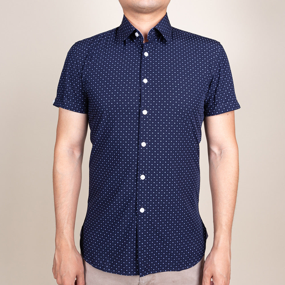 navy blue collared button up shirt short sleeve