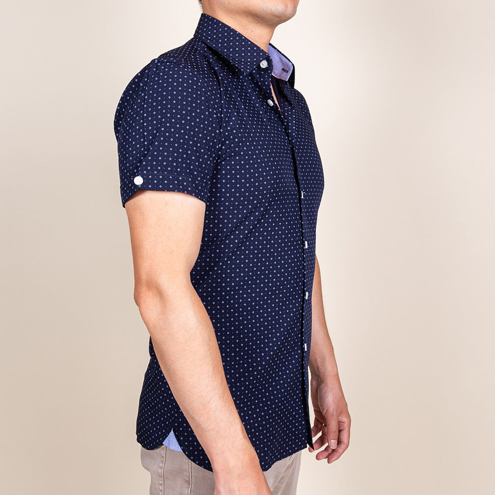 navy blue collared button up shirt short sleeve