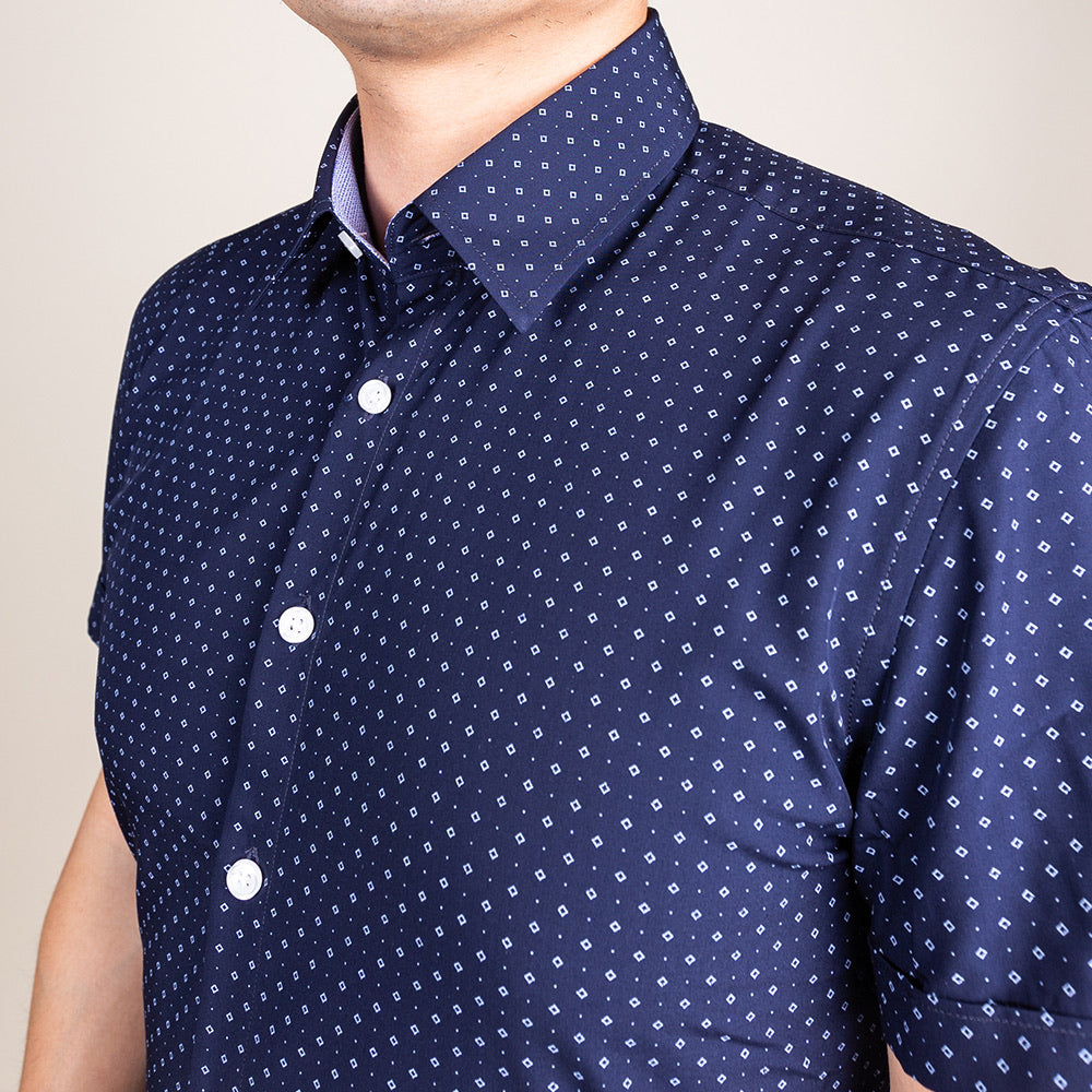 navy blue collared button up shirt short sleeve