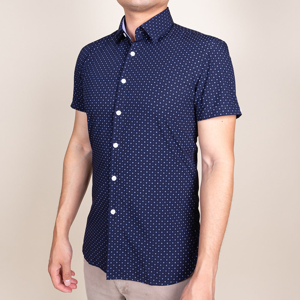 navy blue collared button up shirt short sleeve