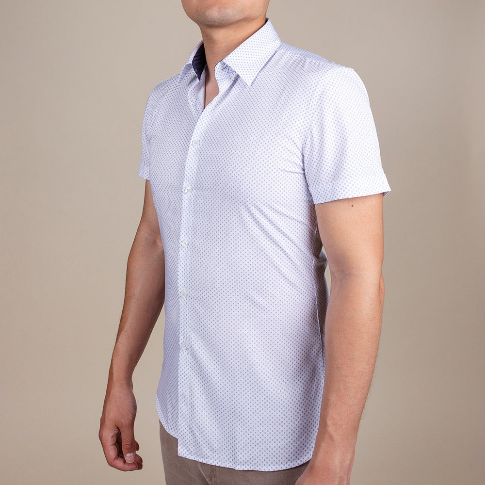 White Button Up Short Sleeve Shirt on model