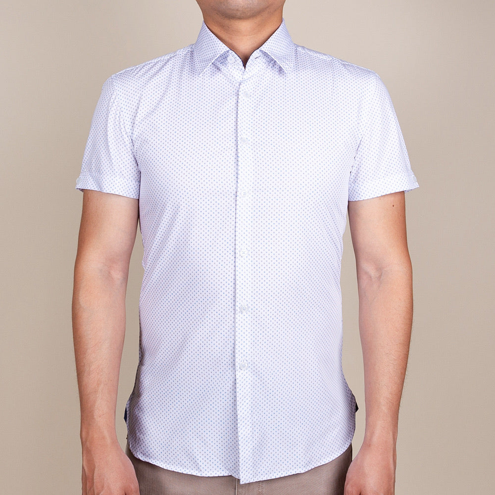 White Button Up Short Sleeve Shirt on model