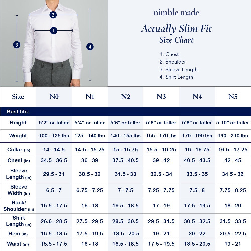 slim fit dress shirts size chart nimble made