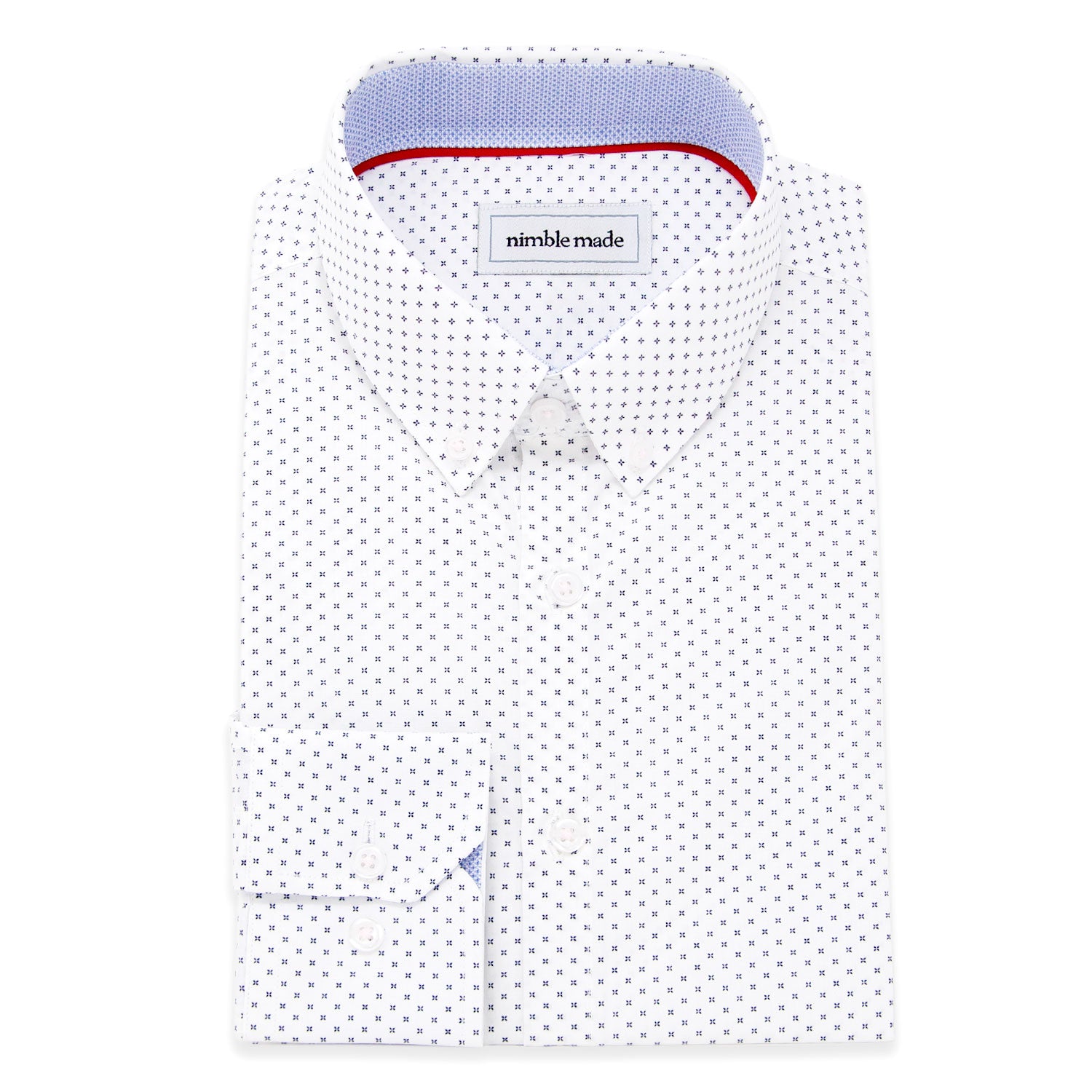 White slim fit shirt with red floral collar and cuffs and red buttons